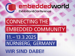 [Translate to Deutsch:] A pink/white sign with the following lettering: embedded world, Exhibition&Conference; Connecting the embedded community; 11.-13.3.2025, Nürnberg, Germany; Wir sind dabei!