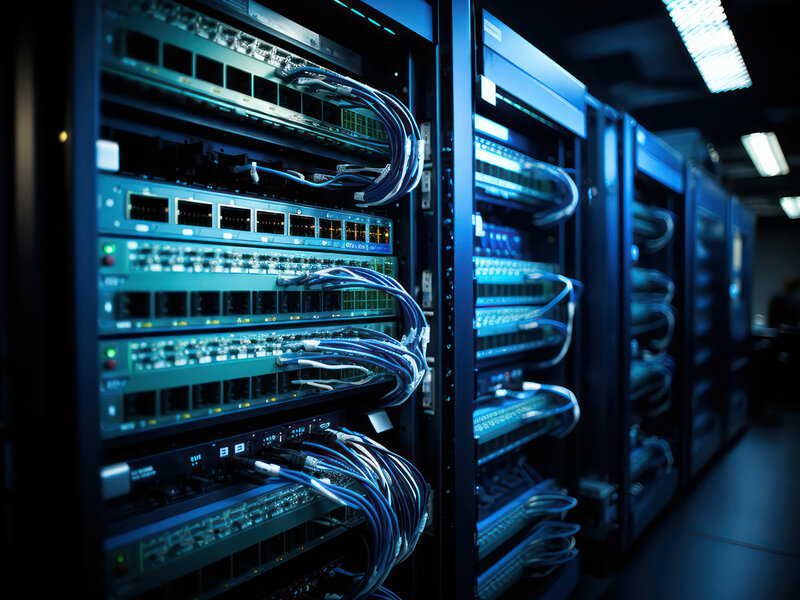 Mehrere Server in einem Rechenzentrum, in gerader Linie angeordnet und mit Netzwerkkabeln verbunden.