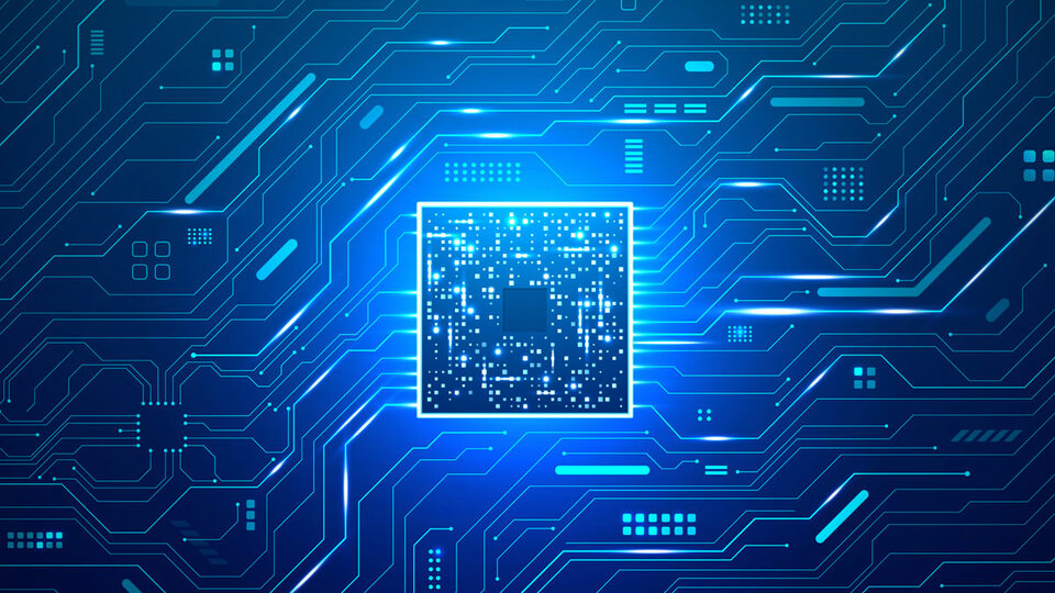 Abstract glowing AI processor on digital circuit board, background in futuristic style, light is neon blue.