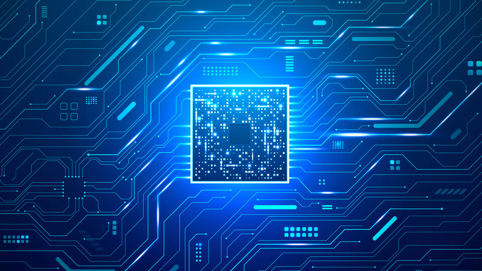 Abstrakter glühender AI-Prozessor auf digitaler Leiterplatte, Hintergrund im futuristischen Stil, Licht ist neonblau.