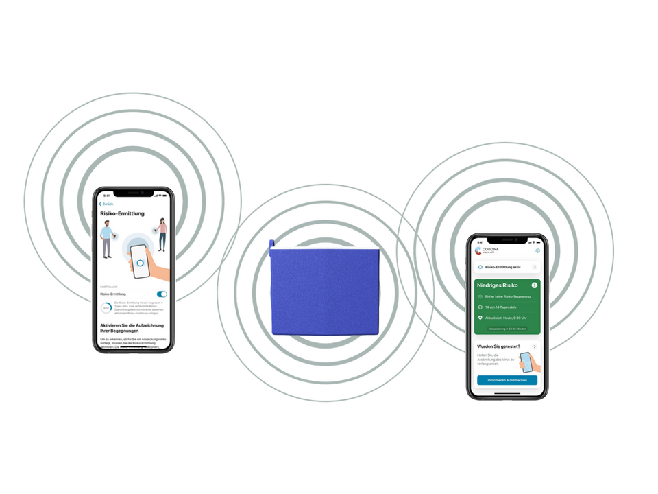 Decentralized Contact Tracing via Bluetooth schematic image of the Corona Warn Buzzer and two smartphones