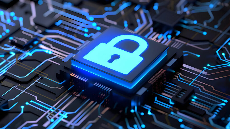 Black electronic circuit board with blue and pink lines. In the middle is a lock symbolizing security.