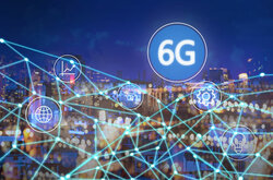 In the backgrount you see the silhouette of a city by night. In the foreground there is a net of glowing beams and some symbols e.g. a lightbulb. Then there is a big white circle with a blue filling and white text that says "6G". 
