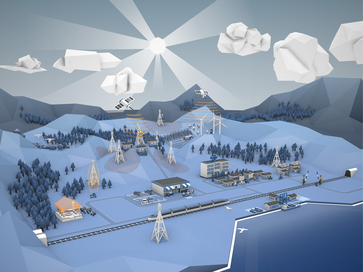 Eine stilisierte 3D-Darstellung einer Landschaft mit Bergen, Wolken und einer Stadt. Mehrere Antennen und Türme sind sichtbar, sowie Gebäude und ein Gleis.